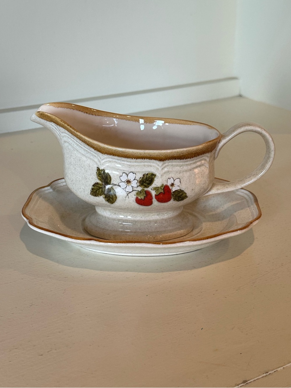 Vintage Mikasa Strawberry Festival stoneware gravy boat and dish Japan